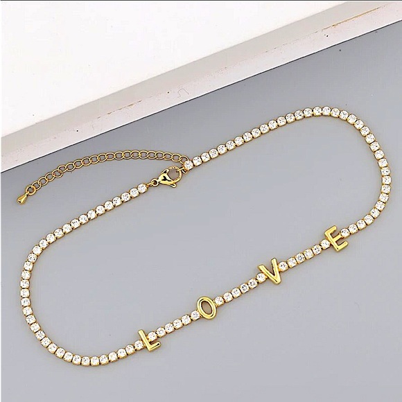 Gold Cubic Zircon Love Letter Choker Tennis Minimalist - Picture 6 of 7